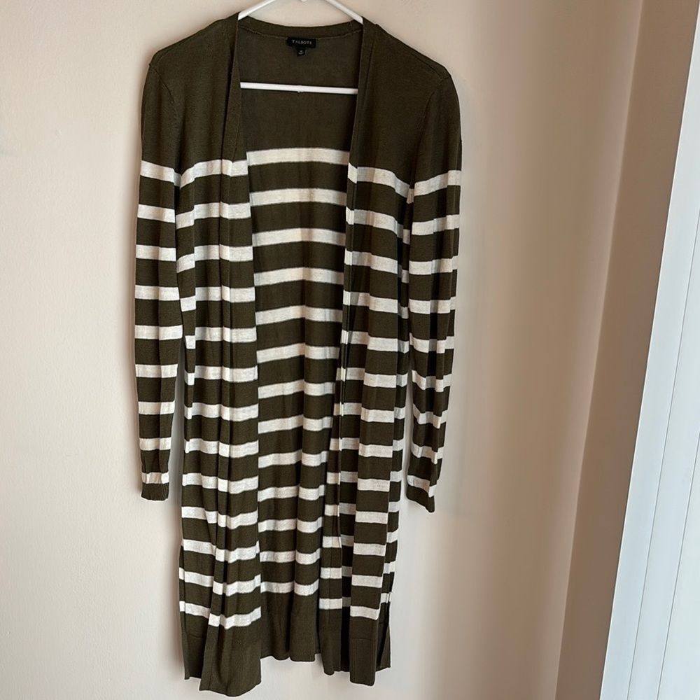 Talbots Women’s 100% linen knit duster long open cardigan Olive Knit Sweater med